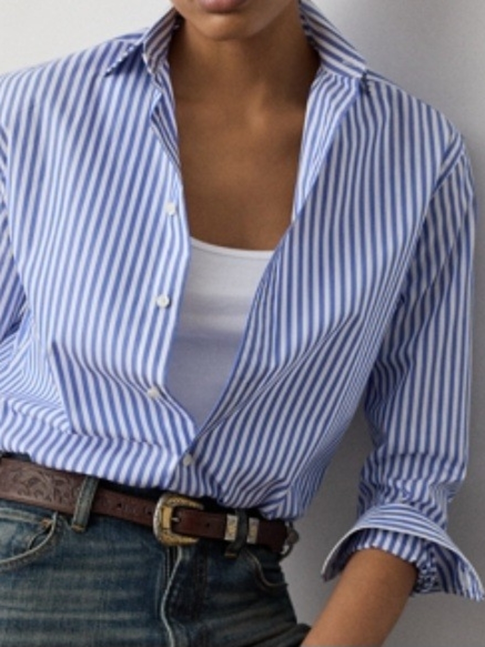 Ralph Lauren Striped Blue Button-Up Shirt - Green Label Women's Classic Collar L